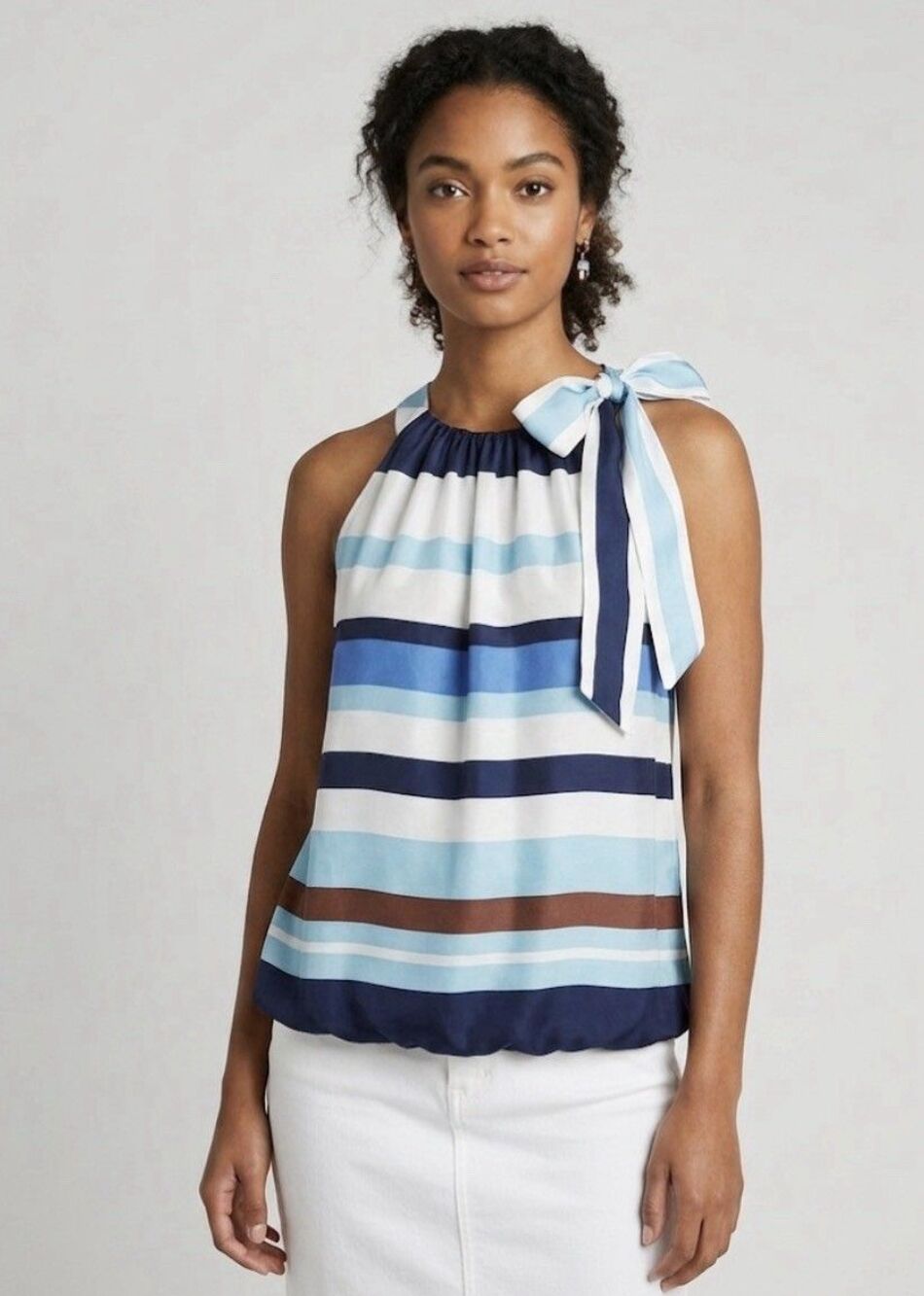 NWT WORTH Shirt Top 100% Silk Blue Stripe Bow High Neckline Size 4